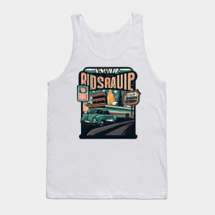 A graphic that captures the vintage vibe of a classic road trip, complete with iconic roadside attractions and retro typography. Tank Top